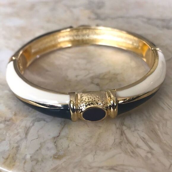 JTF Enamel & Gold Tone Hinged Cuff Beacelet - Picture 2 of 6